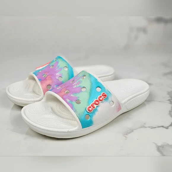 Crocs Classic Tie Dye Graphic Slide Sandal Womens 7 Mens 5 - Picture 2 of 9